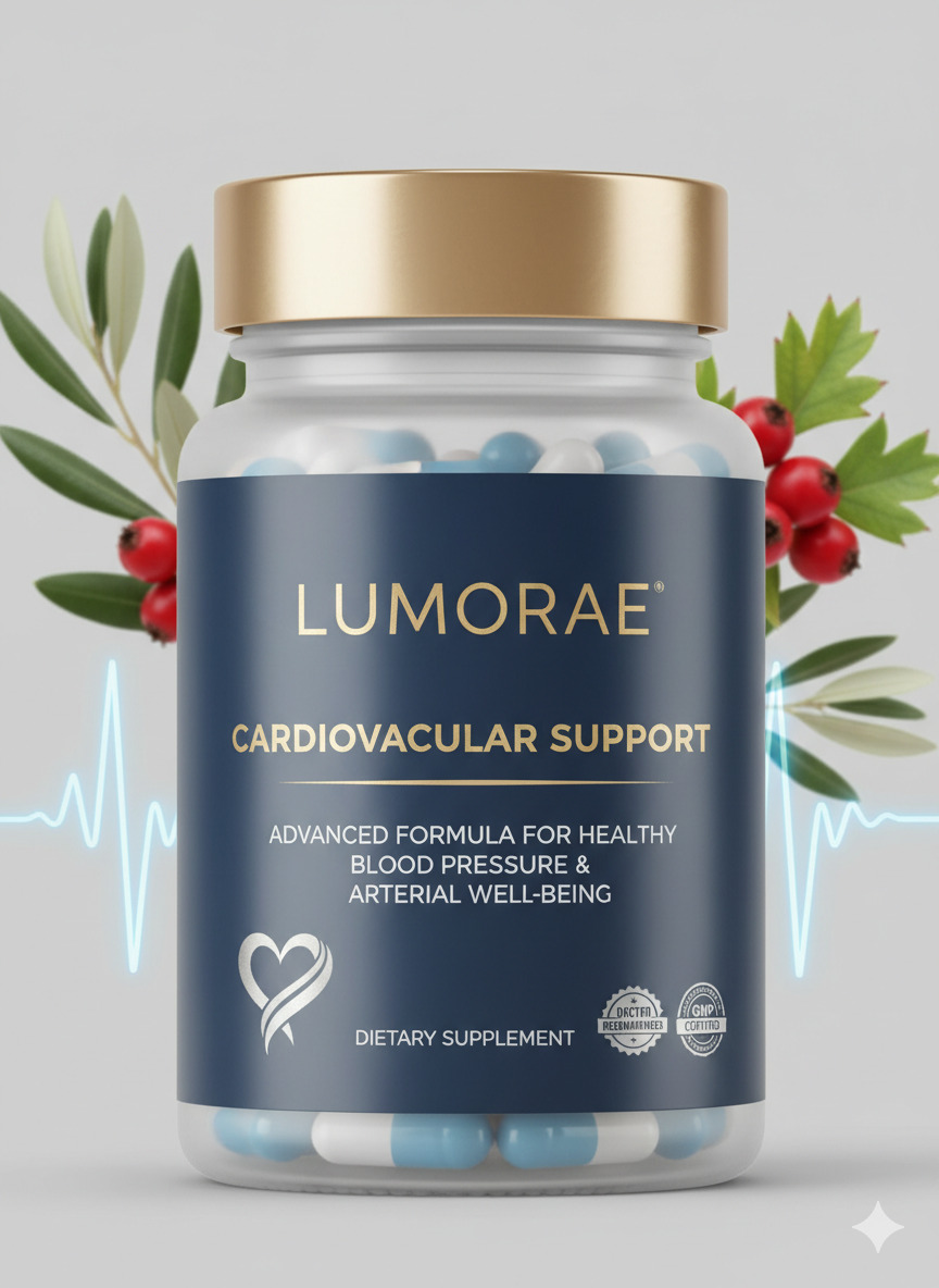 Lumorae food supplement bottle on a neutral surface